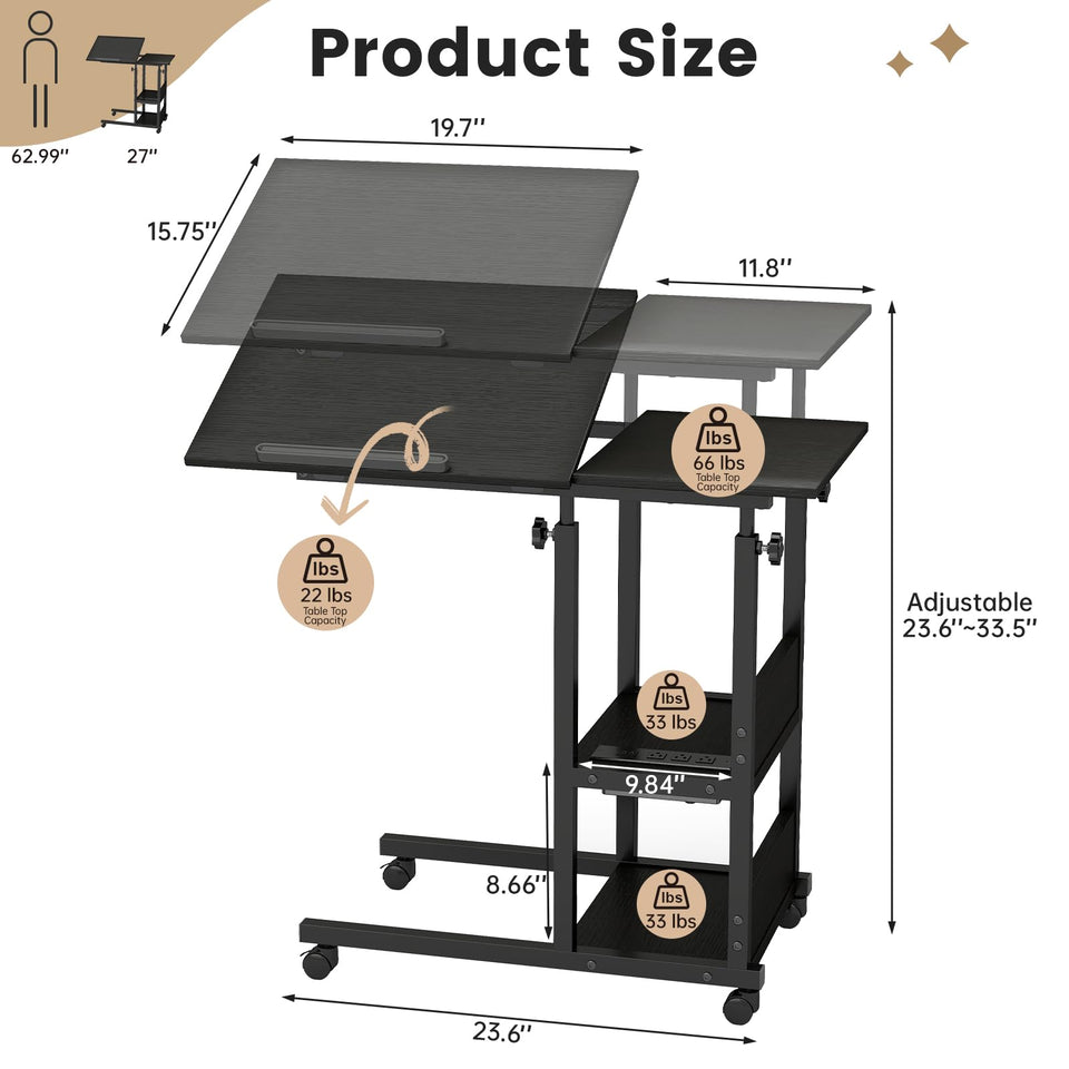 Hadulcet Adjustable C Table with Charging Station & Wheels, Tiltable Laptop Desk