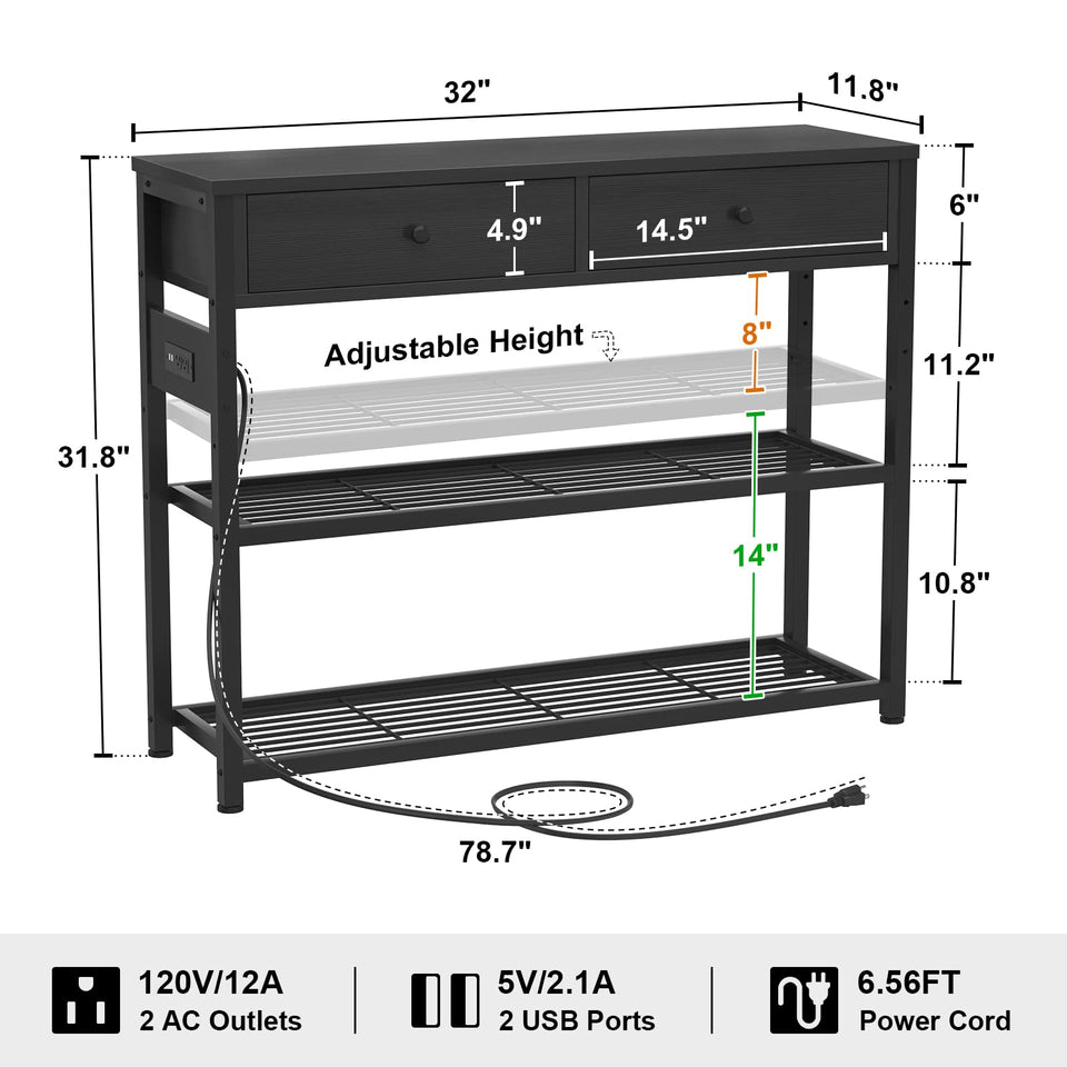 Ecoprsio 32'' Black Entryway Table with Outlets, USB Ports & Storage