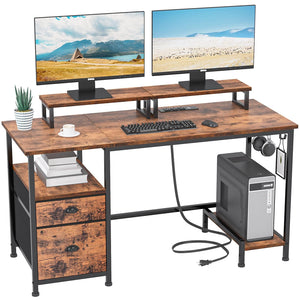 Furologee 47" Computer Desk with Drawer, Power Outlets & Fabric File Cabinet – Rustic Brown