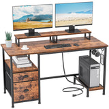 Furologee 47" Computer Desk with Drawer, Power Outlets & Fabric File Cabinet – Rustic Brown