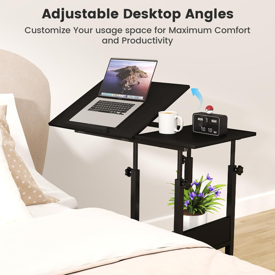 Hadulcet Adjustable C Table with Charging Station & Wheels, Tiltable Laptop Desk