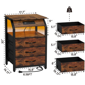 SZLHANJZ Set of 2 End Tables with Charging Station, LED Lights & 3 Drawers, Rustic Brown