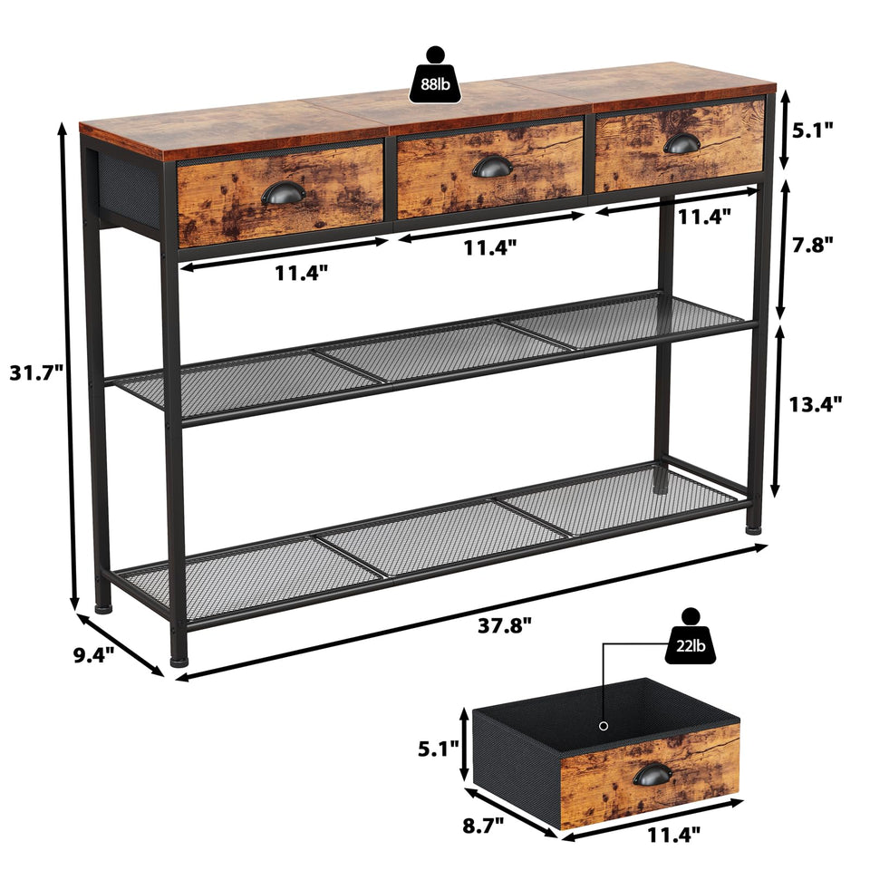 Furologee 38'' Entryway Console Table with 3 Fabric Drawers & Storage Shelves – Rustic Brown