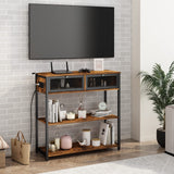 SOOWERY 32" Console Table with Charging Station, 3-Tier Storage Shelves, Rustic Brown