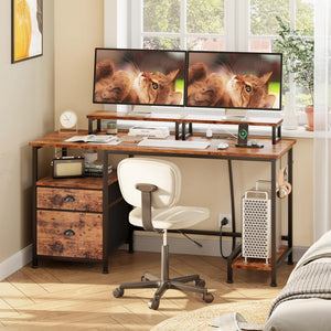 Furologee 47" Computer Desk with Drawer, Power Outlets & Fabric File Cabinet – Rustic Brown