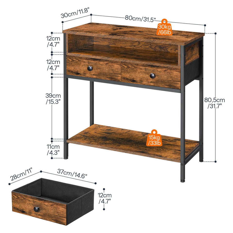 HOOBRO 31.5" Rustic Entryway Table with 2 Fabric Drawers & 3 Shelves, Metal Frame