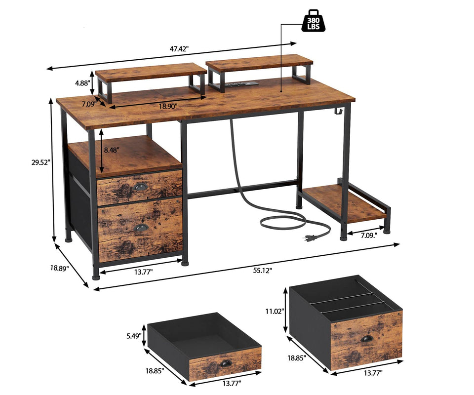 Furologee 47" Computer Desk with Drawer, Power Outlets & Fabric File Cabinet – Rustic Brown