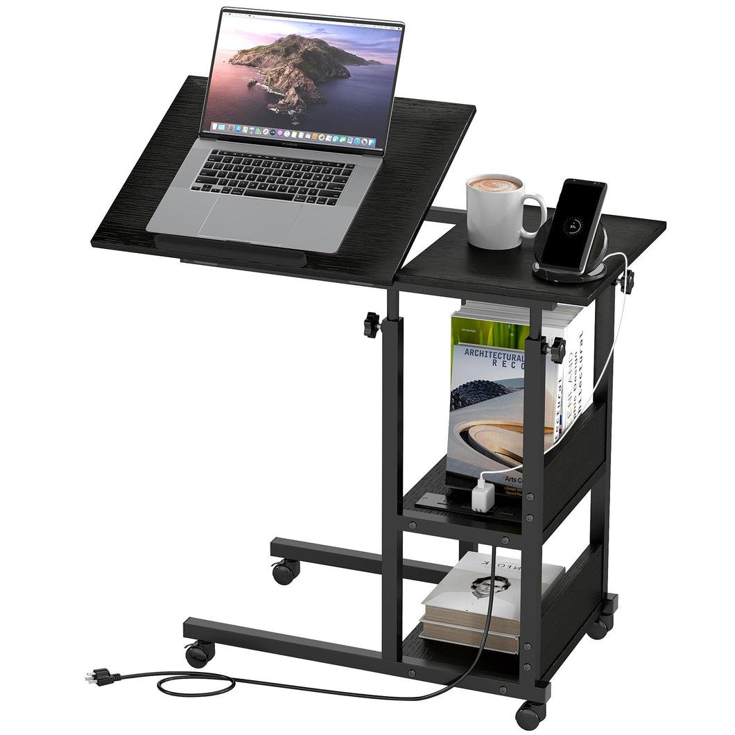 Hadulcet Adjustable C Table with Charging Station & Wheels, Tiltable Laptop Desk