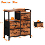 Furnulem 5-Drawer Rustic Brown Dresser with 2-Tier Shelf, Fabric Storage Cabinet