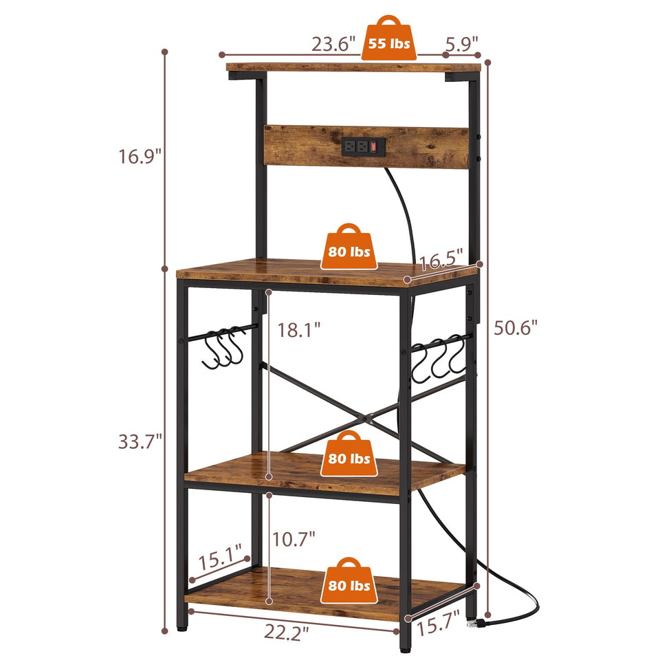 SUPERJARE 4-Tier Kitchen Bakers Rack with Power Outlet & S-Hooks – Rustic Brown