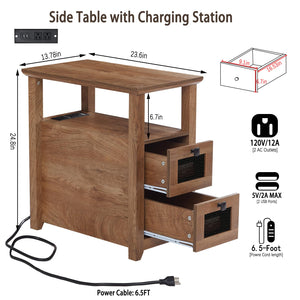 HDDDZSW Farmhouse XXL End Table with Charging Station, USB Ports & 2 Drawers, Wooden Color