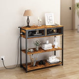 SOOWERY 32" Console Table with Charging Station, 3-Tier Storage Shelves, Rustic Brown