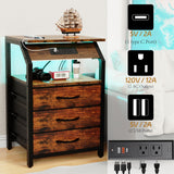 SZLHANJZ Set of 2 End Tables with Charging Station, LED Lights & 3 Drawers, Rustic Brown