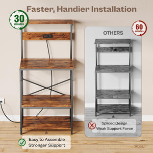 SUPERJARE 4-Tier Kitchen Bakers Rack with Power Outlet & S-Hooks – Rustic Brown