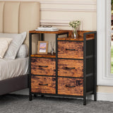 Furnulem 5-Drawer Rustic Brown Dresser with 2-Tier Shelf, Fabric Storage Cabinet