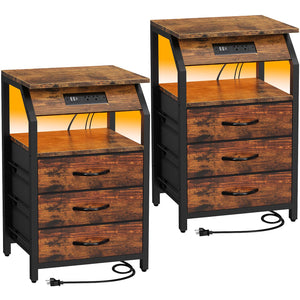 SZLHANJZ Set of 2 End Tables with Charging Station, LED Lights & 3 Drawers, Rustic Brown