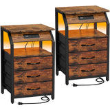 SZLHANJZ Set of 2 End Tables with Charging Station, LED Lights & 3 Drawers, Rustic Brown