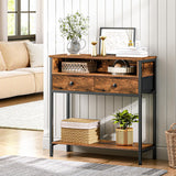 HOOBRO 31.5" Rustic Entryway Table with 2 Fabric Drawers & 3 Shelves, Metal Frame