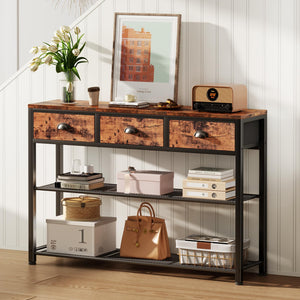 Furologee 38'' Entryway Console Table with 3 Fabric Drawers & Storage Shelves – Rustic Brown