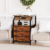 SZLHANJZ Set of 2 End Tables with Charging Station, LED Lights & 3 Drawers, Rustic Brown