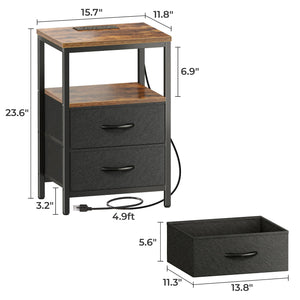 Huuger Nightstand with Charging Station & Fabric Drawers – USB Ports, Open Shelf, Rustic Brown & Black