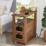 HDDDZSW Farmhouse XXL End Table with Charging Station, USB Ports & 2 Drawers, Wooden Color