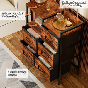 Furnulem 5-Drawer Rustic Brown Dresser with 2-Tier Shelf, Fabric Storage Cabinet