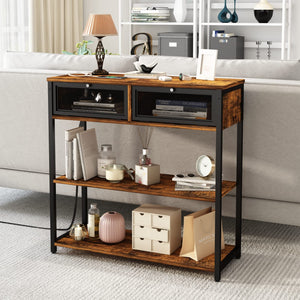 SOOWERY 32" Console Table with Charging Station, 3-Tier Storage Shelves, Rustic Brown