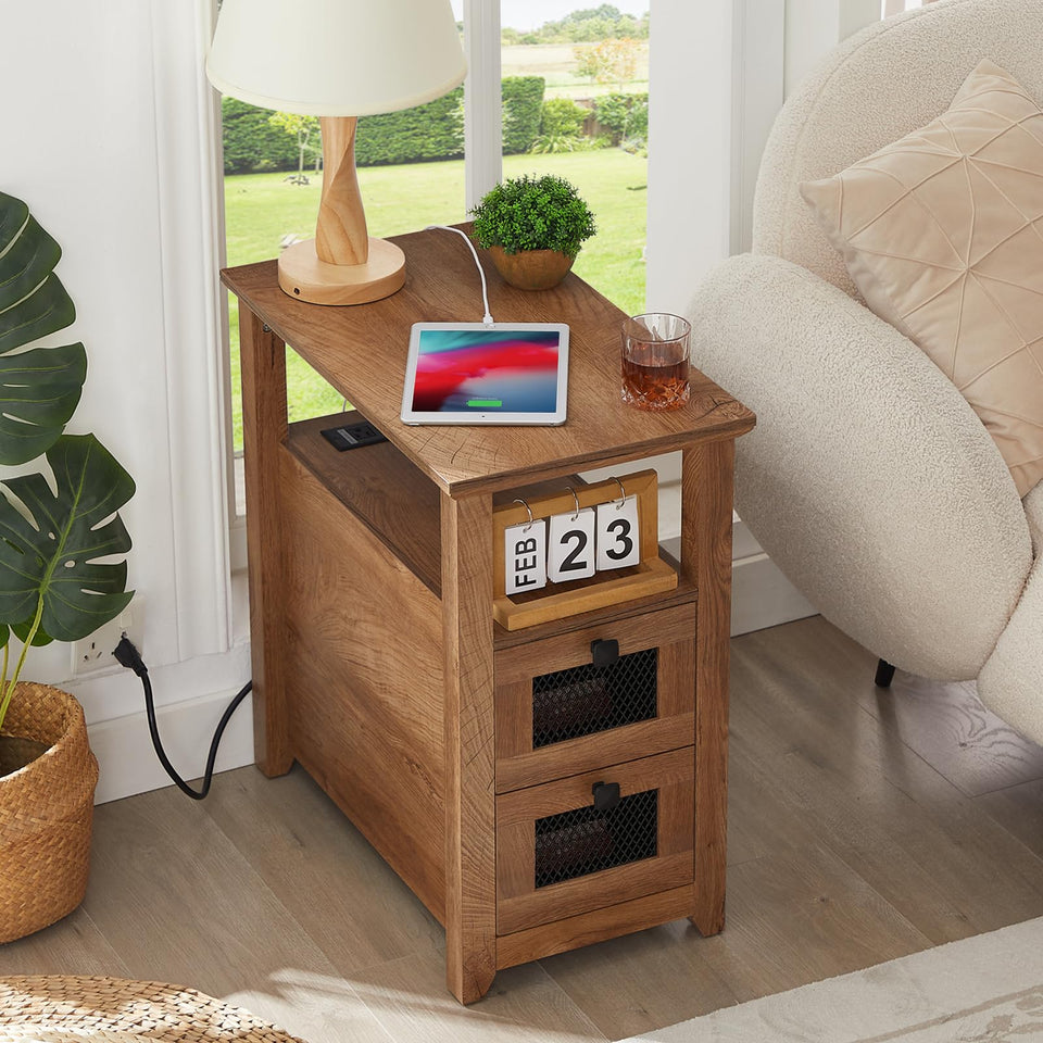 HDDDZSW Farmhouse XXL End Table with Charging Station, USB Ports & 2 Drawers, Wooden Color