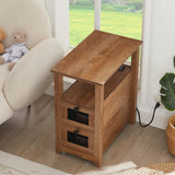 HDDDZSW Farmhouse XXL End Table with Charging Station, USB Ports & 2 Drawers, Wooden Color