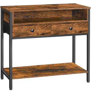 HOOBRO 31.5" Rustic Entryway Table with 2 Fabric Drawers & 3 Shelves, Metal Frame