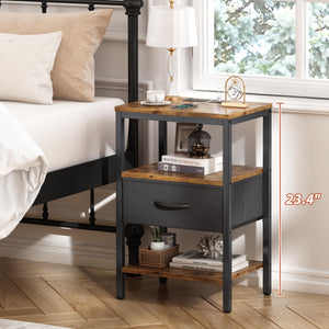 SUPERJARE Nightstand with Charging Station & Adjustable Drawer – 3-Tier Storage, Rustic Brown & Black