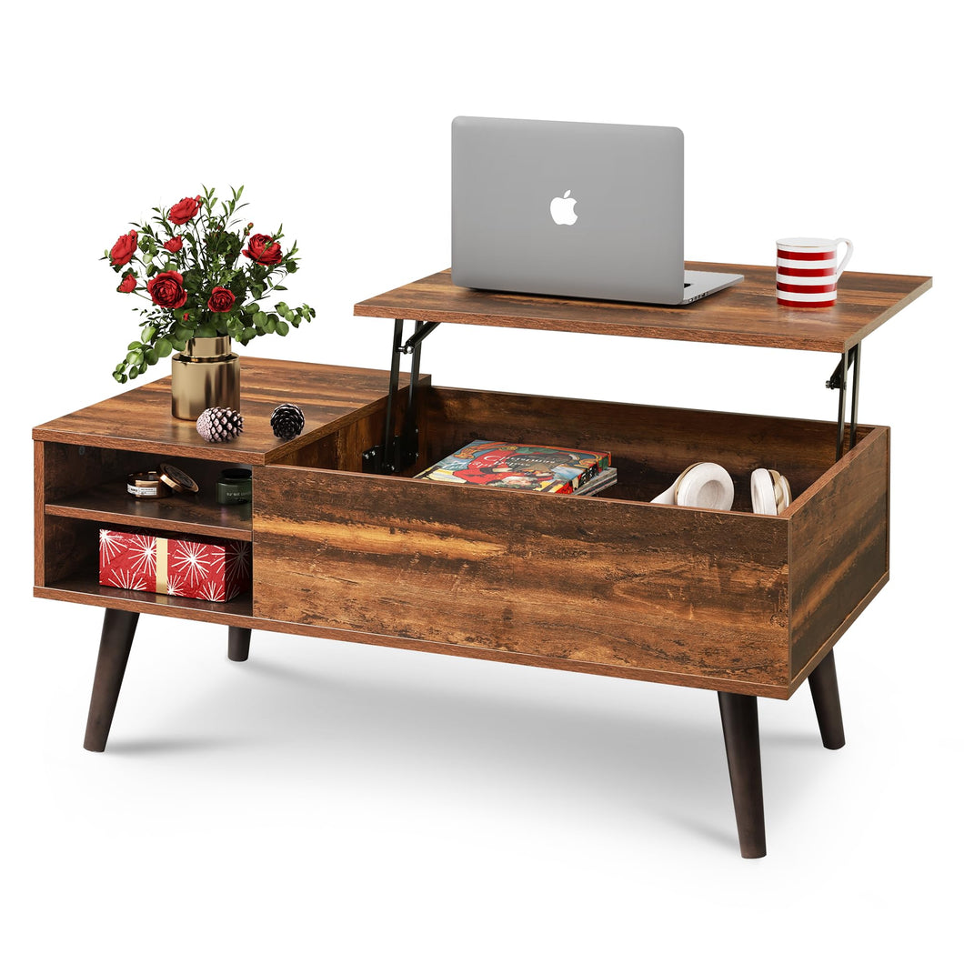 WLIVE Wood Lift-Top Coffee Table with Hidden Compartment & Adjustable Shelf – Rustic Oak