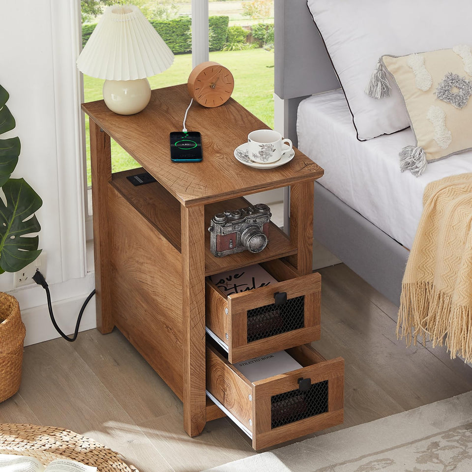 HDDDZSW Farmhouse XXL End Table with Charging Station, USB Ports & 2 Drawers, Wooden Color