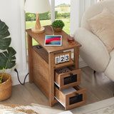 HDDDZSW Farmhouse XXL End Table with Charging Station, USB Ports & 2 Drawers, Wooden Color