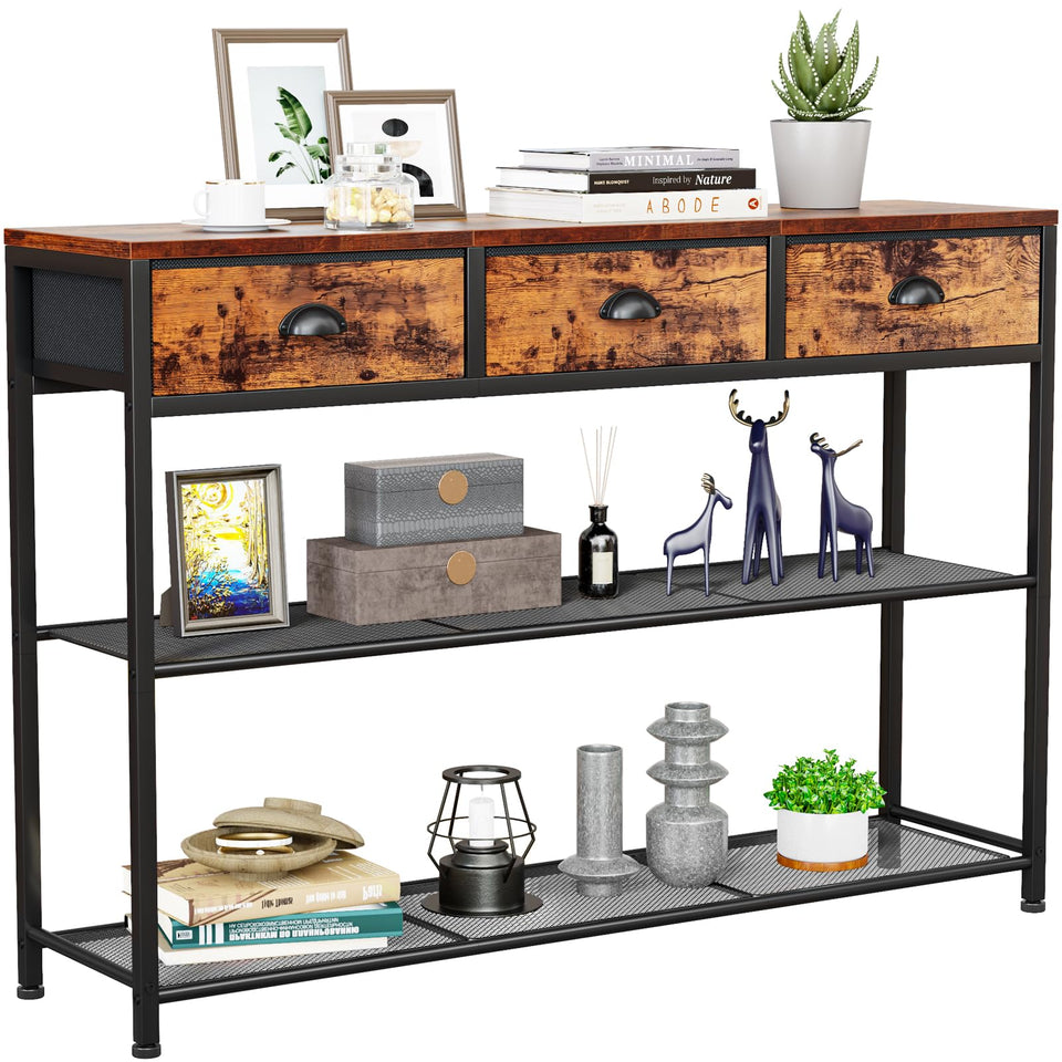 Furologee 38'' Entryway Console Table with 3 Fabric Drawers & Storage Shelves – Rustic Brown