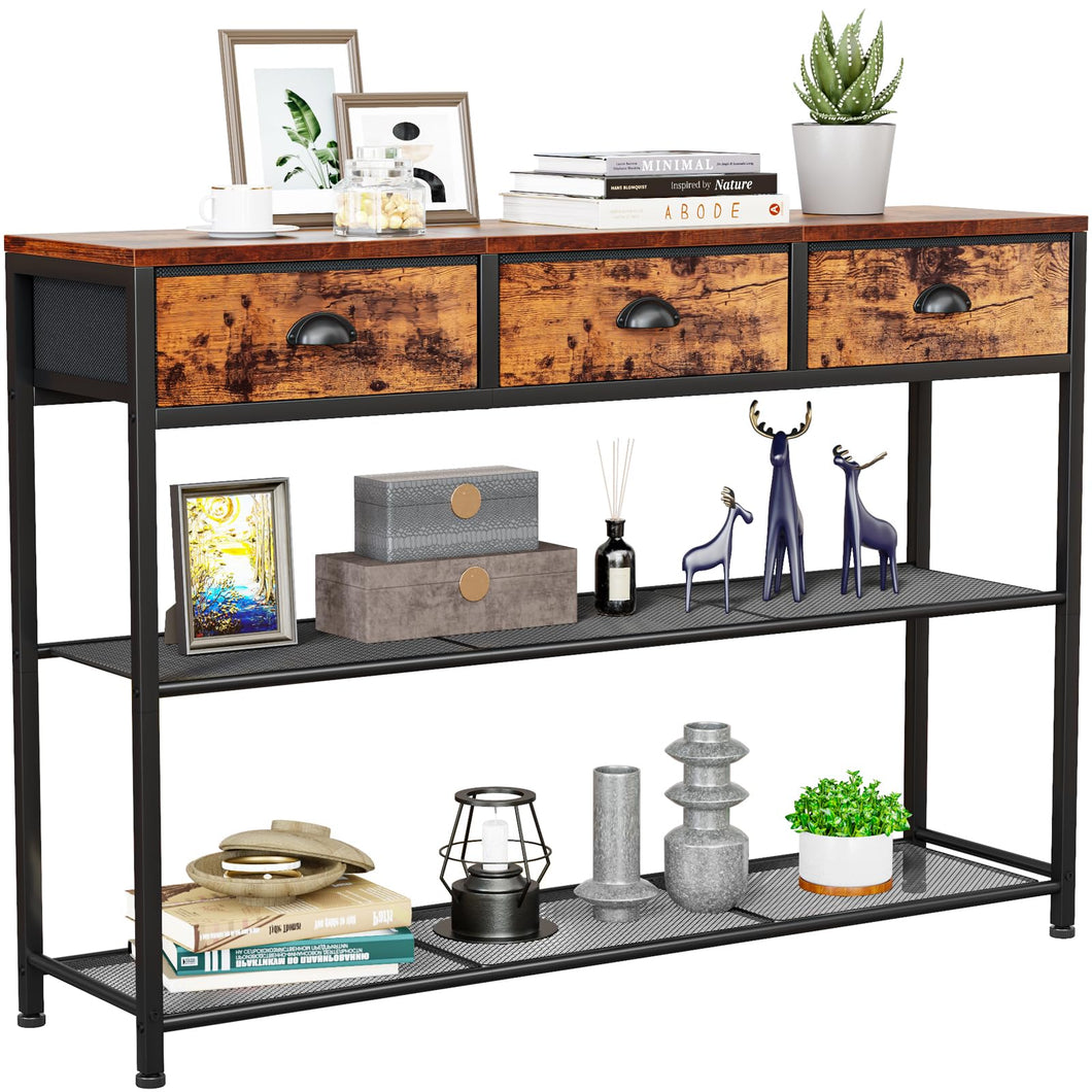 Furologee 38'' Entryway Console Table with 3 Fabric Drawers & Storage Shelves – Rustic Brown