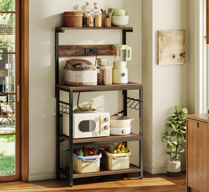 SUPERJARE 4-Tier Kitchen Bakers Rack with Power Outlet & S-Hooks – Rustic Brown