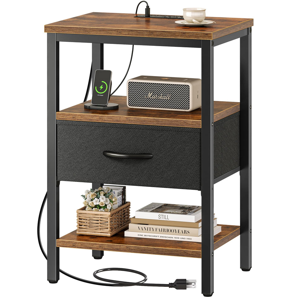 SUPERJARE Nightstand with Charging Station & Adjustable Drawer – 3-Tier Storage, Rustic Brown & Black