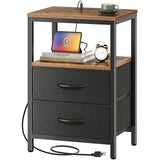 Huuger Nightstand with Charging Station & Fabric Drawers – USB Ports, Open Shelf, Rustic Brown & Black