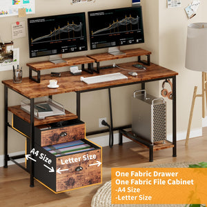 Furologee 47" Computer Desk with Drawer, Power Outlets & Fabric File Cabinet – Rustic Brown