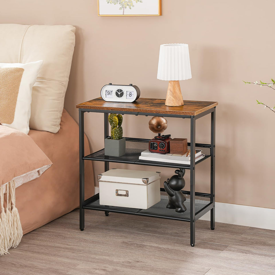 HOOBRO 3-Tier Narrow End Table with Adjustable Shelves – Rustic Brown & Black, Easy Assembly