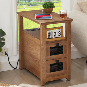 HDDDZSW Farmhouse XXL End Table with Charging Station, USB Ports & 2 Drawers, Wooden Color