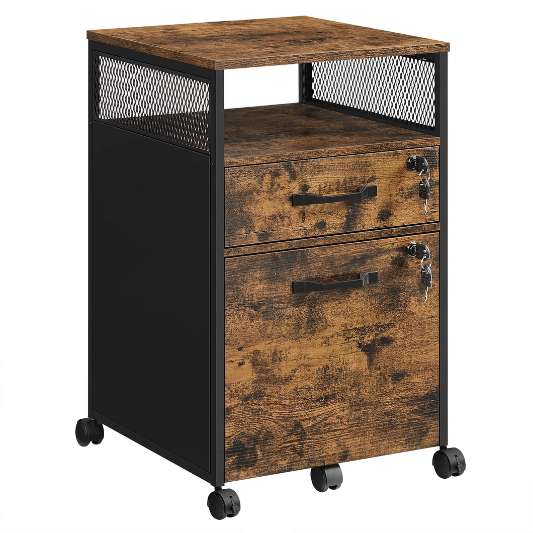 VASAGLE Mobile File Cabinet with Lockable Drawers & Open Shelf – Rustic Brown & Ink Black