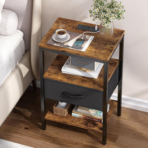 SUPERJARE Nightstand with Charging Station & Adjustable Drawer – 3-Tier Storage, Rustic Brown & Black